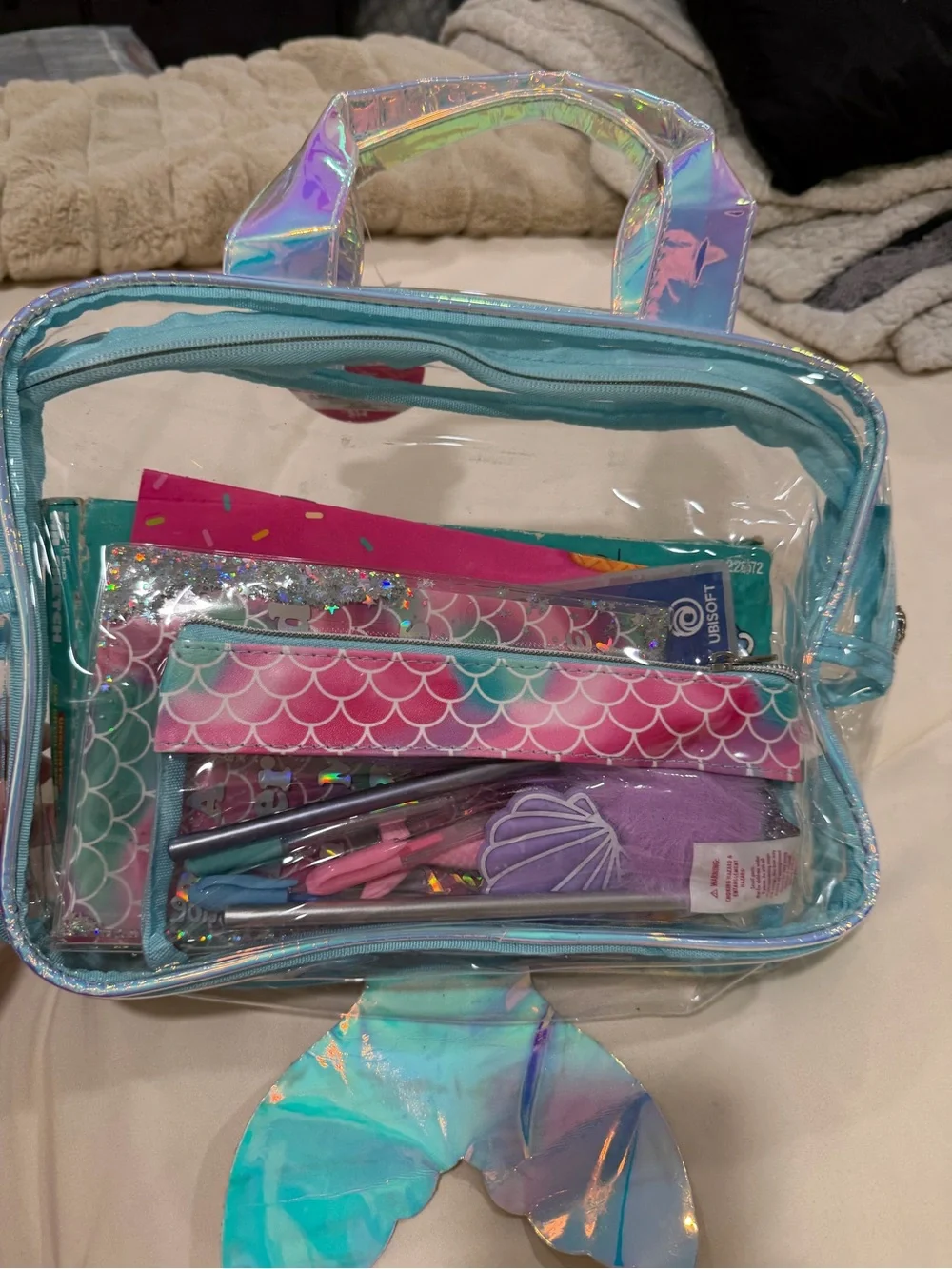 Justice Clear Mermaid Pencil Case Tote in Aqua and Purple Holographic